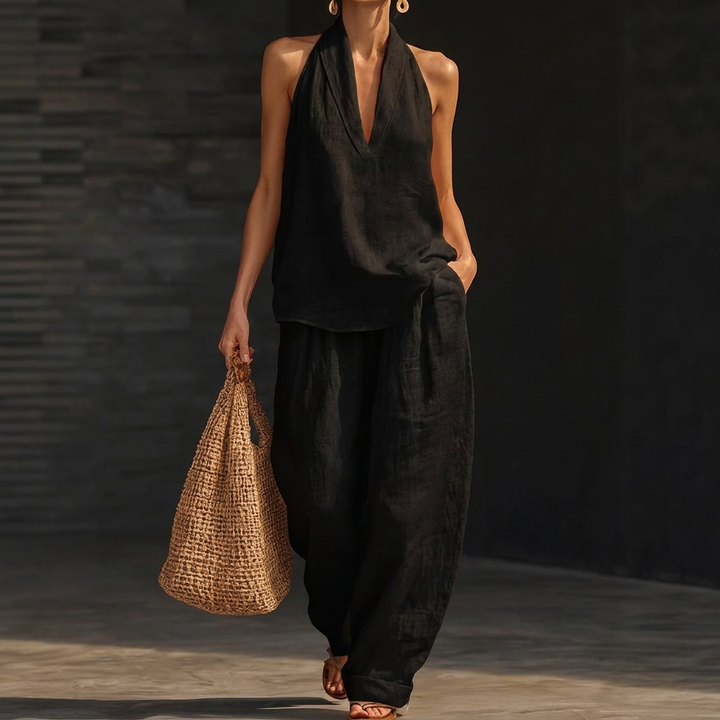 Set aus Neckholder-Top und Hose mit weitem Bein für Damen