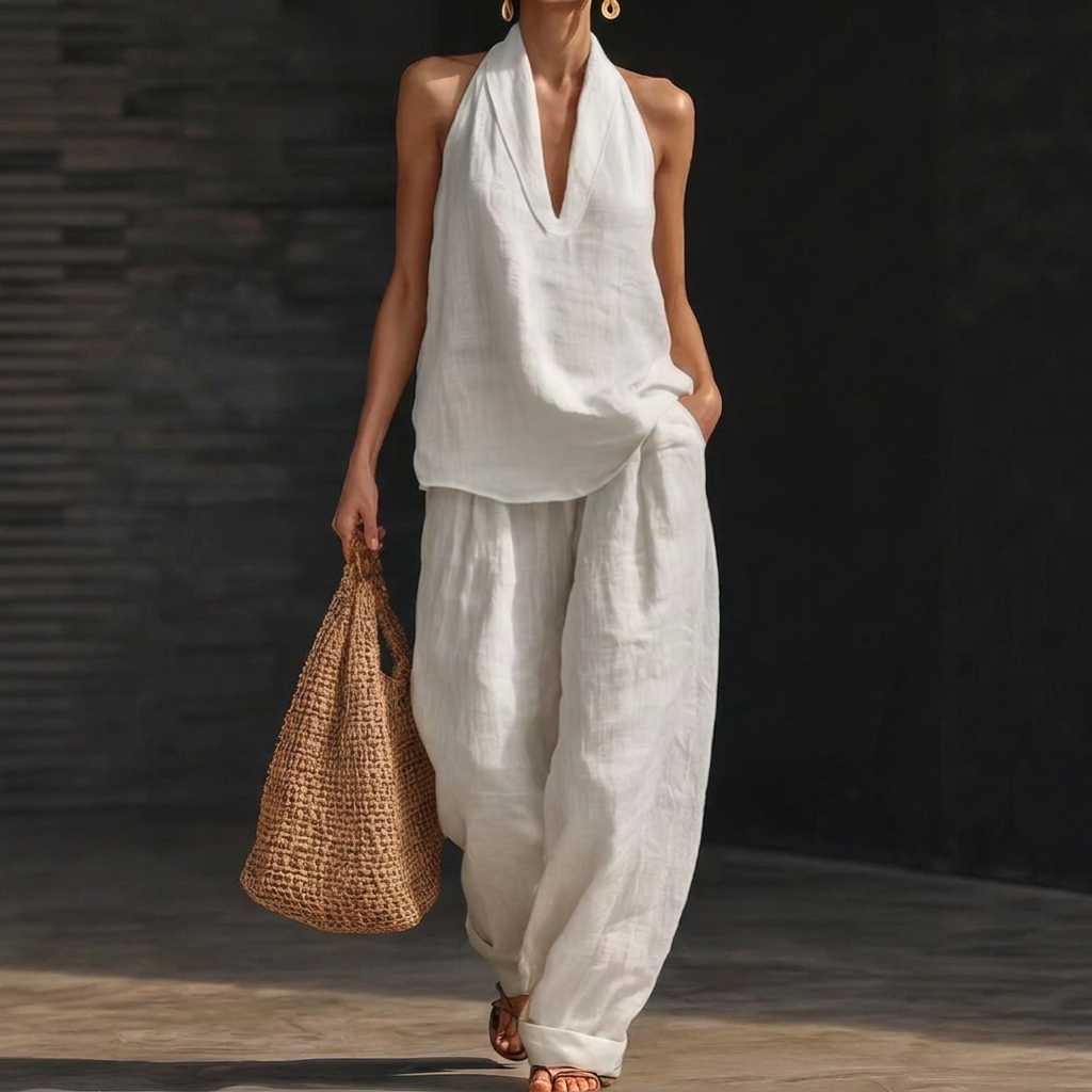 Set aus Neckholder-Top und Hose mit weitem Bein für Damen