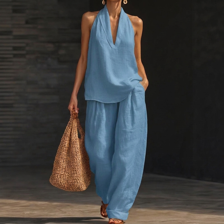 Set aus Neckholder-Top und Hose mit weitem Bein für Damen