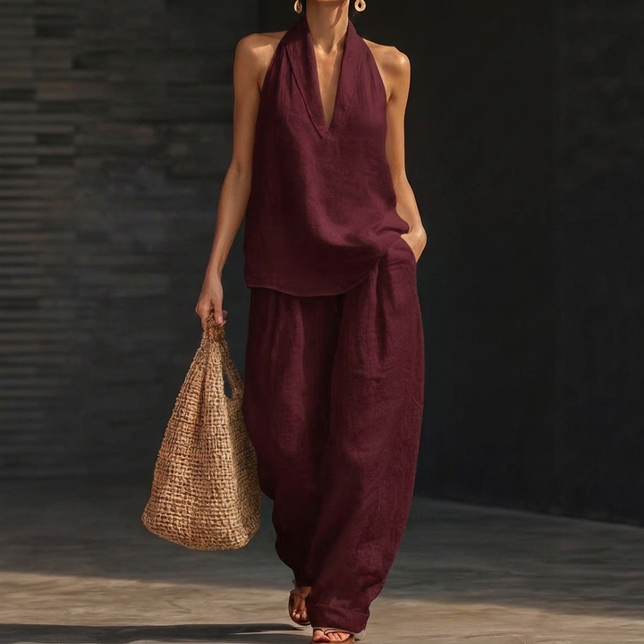 Set aus Neckholder-Top und Hose mit weitem Bein für Damen