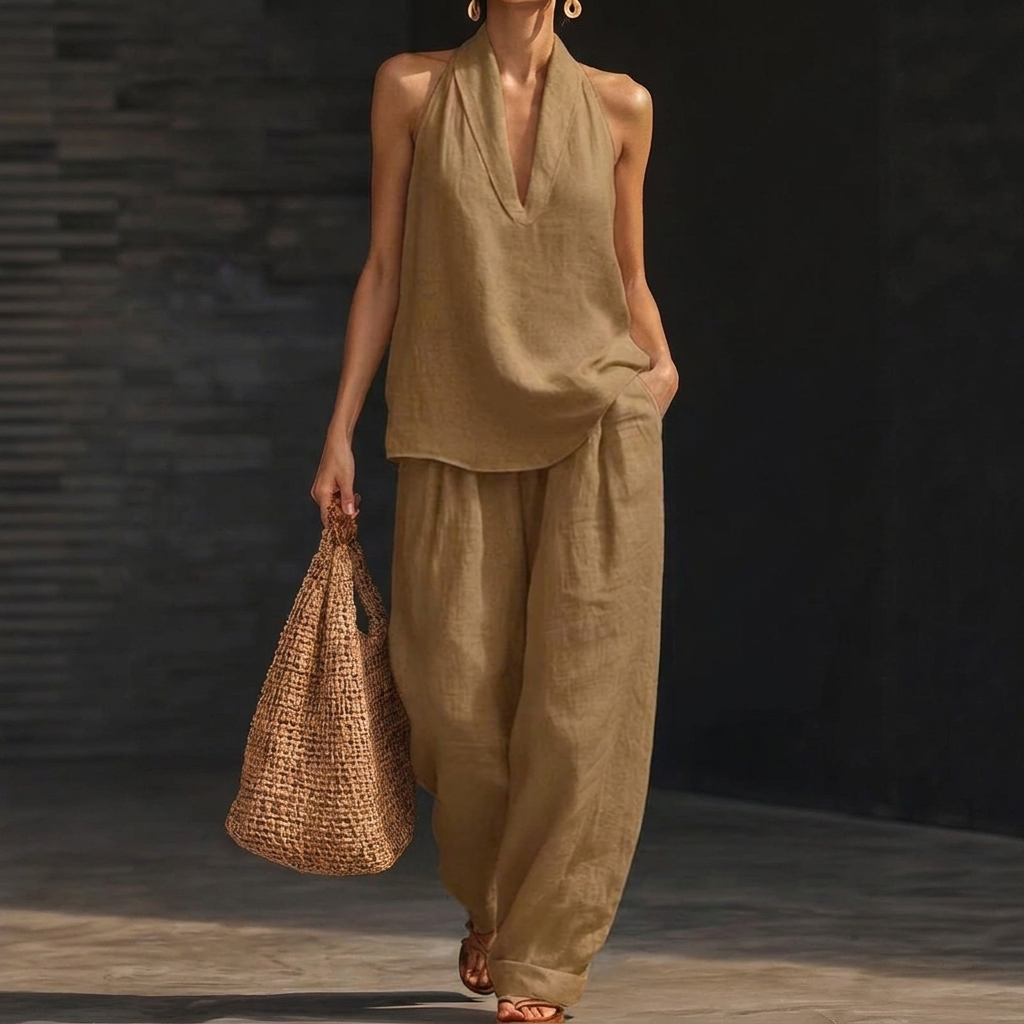Set aus Neckholder-Top und Hose mit weitem Bein für Damen