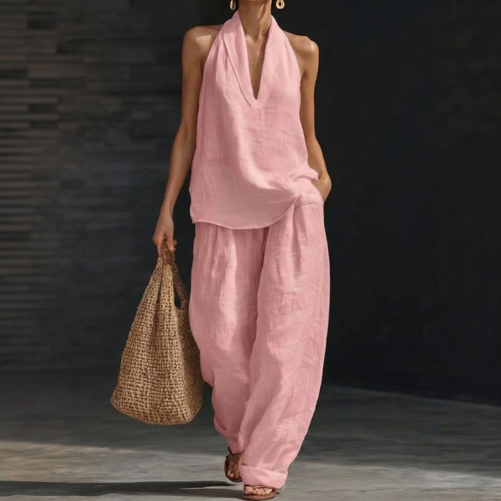 Set aus Neckholder-Top und Hose mit weitem Bein für Damen