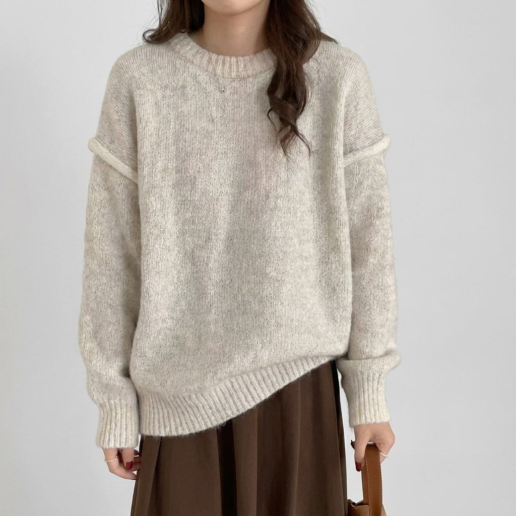 Oversized-Pullover in Elfenbein mit Taschen auf der Vorderseite