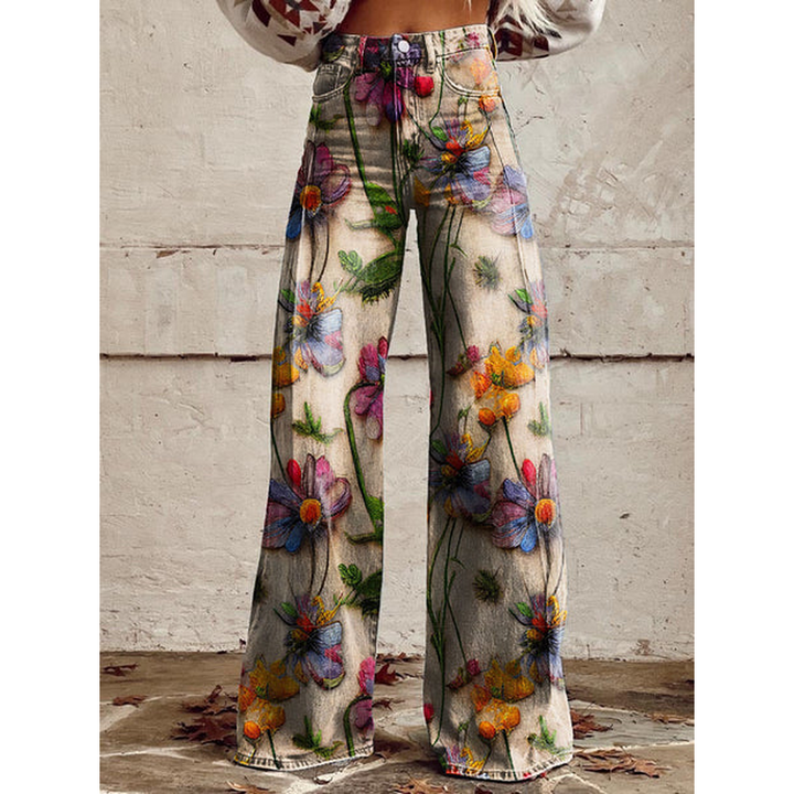 Damen Lange Hosen – Ritan Blumen- und Einfarbige Muster