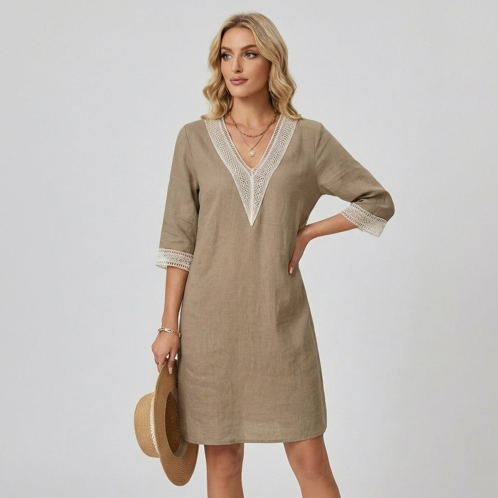 Retro Minikleid mit V-Ausschnitt – Baumwoll-Leinen-Mix für feminine Eleganz