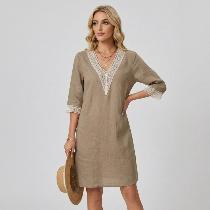 Retro Minikleid mit V-Ausschnitt – Baumwoll-Leinen-Mix für feminine Eleganz