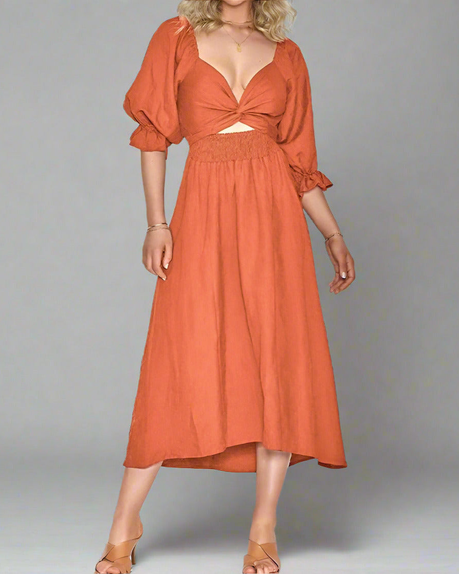 Damen Sommer-Midikleid mit langen Puffärmeln