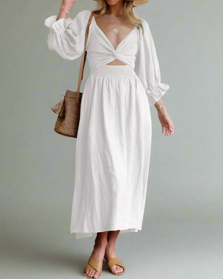 Damen Sommer-Midikleid mit langen Puffärmeln