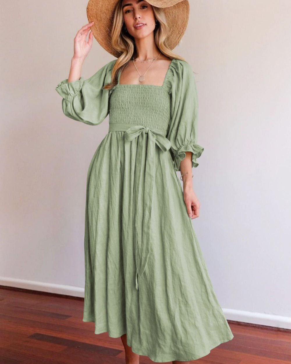 Damen Sommer-Midikleid mit langen Puffärmeln